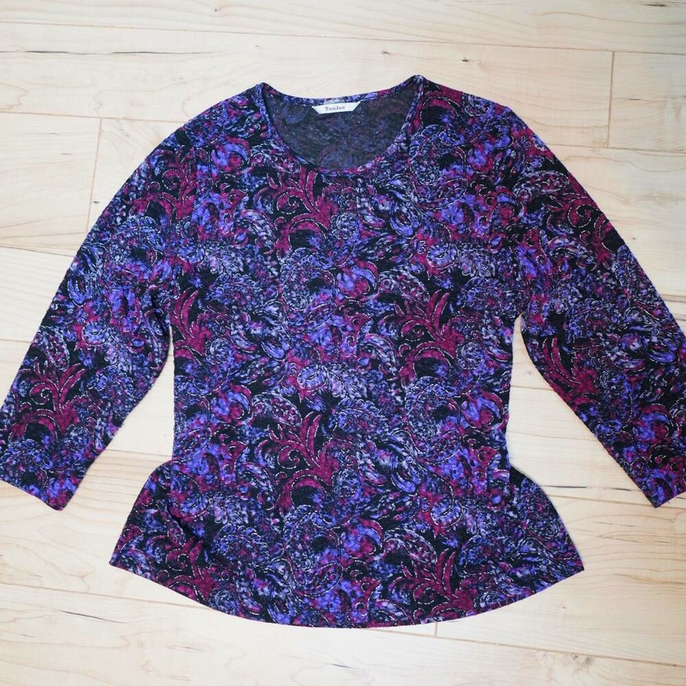 TanJay Paisley Knit Top Purple Black Large
